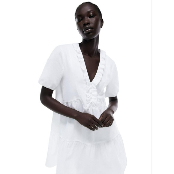Zara White Babydoll Ruffle Mini Dress Cotton V-Neck - Small - Picture 11 of 12